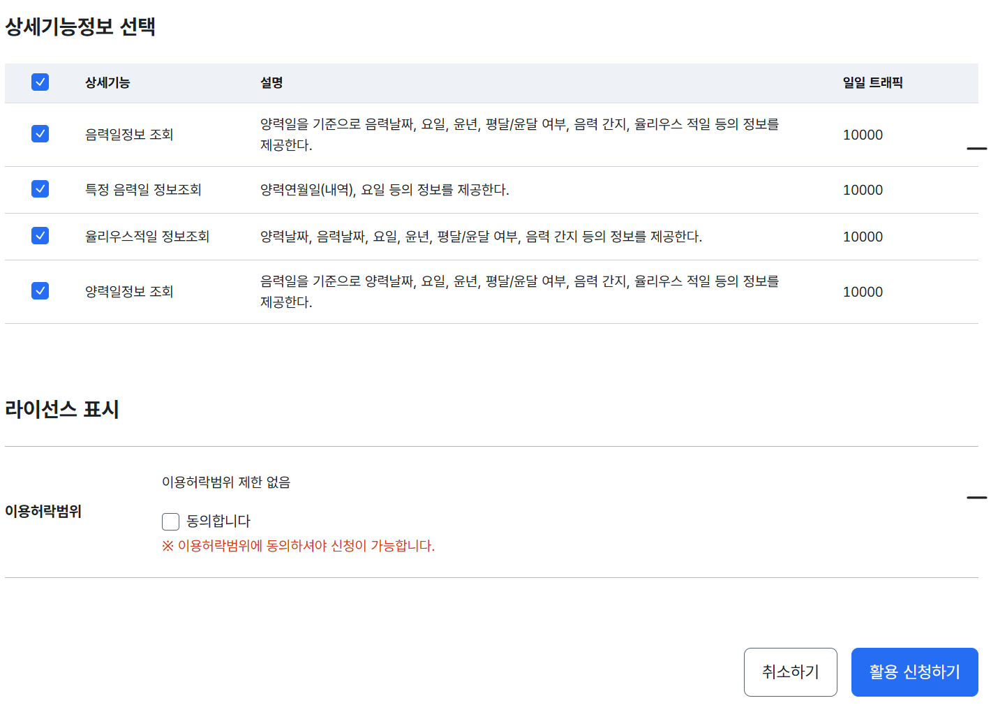 폼 맨 아래. 상세기능 네 개는 체크돼 있고, 라이선스 표시의 「동의합니다」 체크박스는 비어 있다. 빨간 글씨 「※ 이용허락범위에 동의하셔야 신청이 가능합니다.」 오른쪽 아래 「활용 신청하기」 버튼